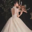 Vintage / Originale Champagne Transparentes La Mariée Robe De Mariée 2020 Robe Boule Col Haut Sans Manches Dos Nu Perlage Perle Glitter Tulle Paillettes Cathedral Train Volants