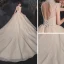 Vintage / Originale Champagne Transparentes La Mariée Robe De Mariée 2020 Robe Boule Col Haut Sans Manches Dos Nu Perlage Perle Glitter Tulle Paillettes Cathedral Train Volants