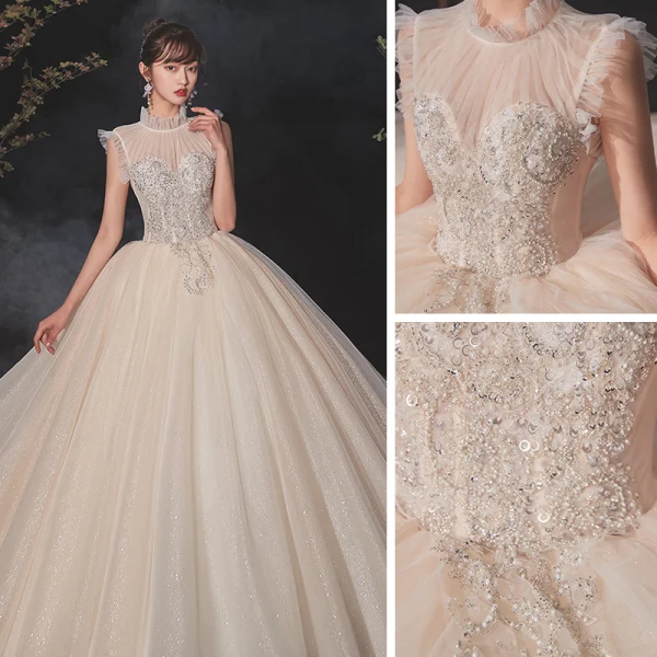Vintage / Originale Champagne Transparentes La Mariée Robe De Mariée 2020 Robe Boule Col Haut Sans Manches Dos Nu Perlage Perle Glitter Tulle Paillettes Cathedral Train Volants