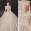 Vintage / Originale Champagne Transparentes La Mariée Robe De Mariée 2020 Robe Boule Col Haut Sans Manches Dos Nu Perlage Perle Glitter Tulle Paillettes Cathedral Train Volants