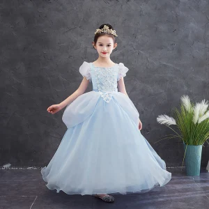 Cinderella Sky Blue Birthday Flower Girl Dresses 2020 Princess Square Neckline Puffy Short Sleeve Appliques Lace Floor Length Long Ruffle
