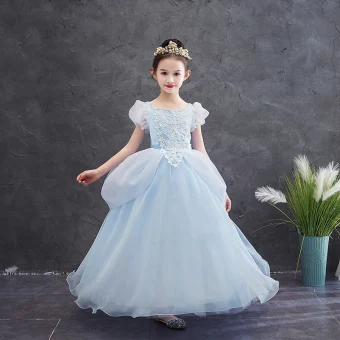 Cendrillon Bleu Ciel Anniversaire Robe Ceremonie Fille 2020 Princesse Encolure Carrée Gonflée Manches Courtes Appliques En Dentelle Longue Volants