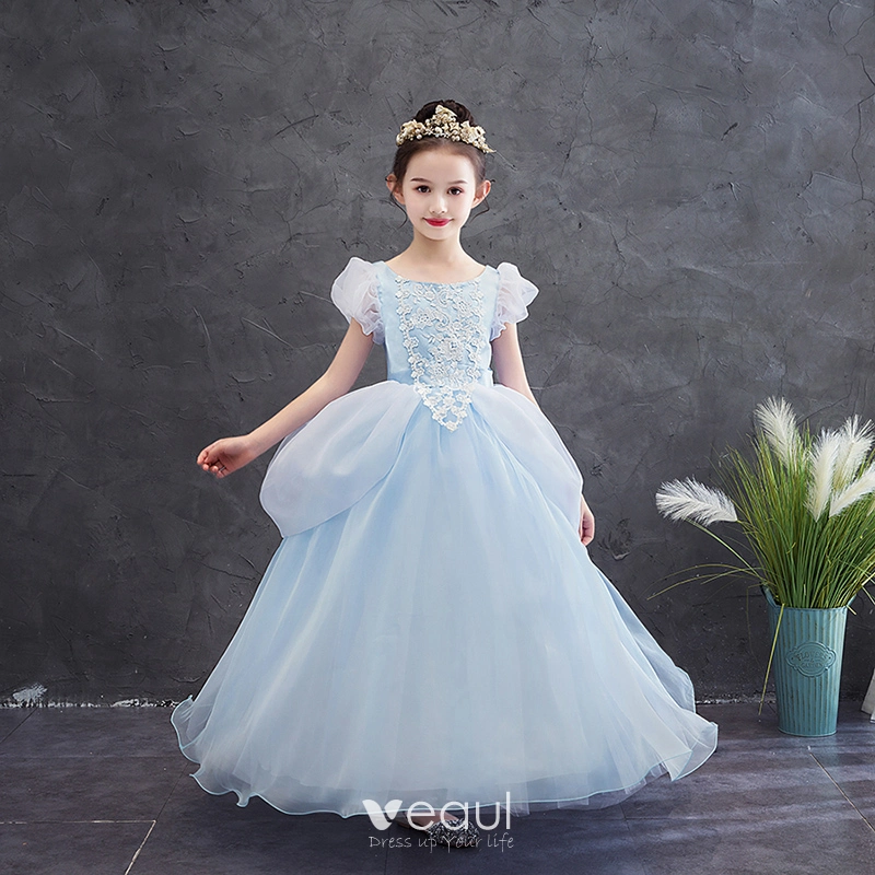 Cinderella Sky Blue Birthday Flower Girl Dresses 2020 Princess Square Neckline Puffy