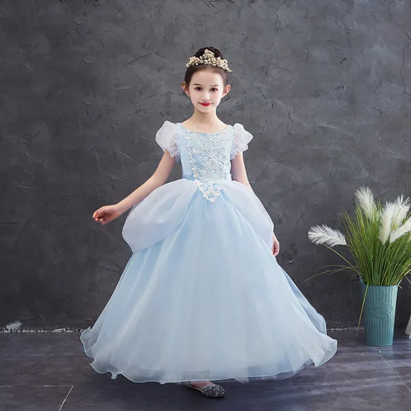Cinderella Sky Blue Birthday Flower Girl Dresses 2020 Princess Square Neckline Puffy Short Sleeve Appliques Lace Floor-Length / Long Ruffle