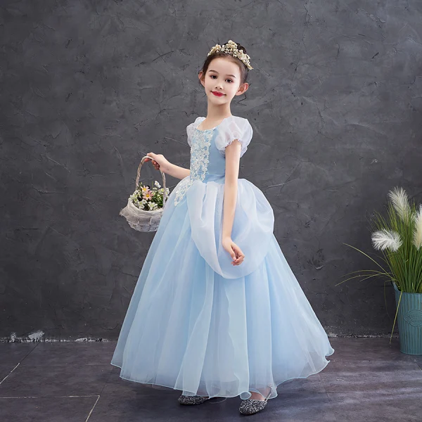Cinderella Sky Blue Birthday Flower Girl Dresses 2020 Princess Square Neckline Puffy Short Sleeve Appliques Lace Floor-Length / Long Ruffle