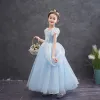 Cendrillon Bleu Ciel Anniversaire Robe Ceremonie Fille 2020 Princesse Encolure Carrée Gonflée Manches Courtes Appliques En Dentelle Longue Volants