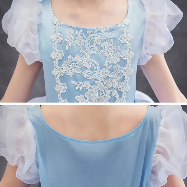 Cinderella Sky Blue Birthday Flower Girl Dresses 2020 Princess Square Neckline Puffy Short Sleeve Appliques Lace Floor-Length / Long Ruffle