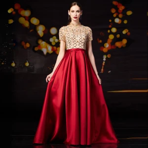 Vintage Czerwone Satyna Sukienki Na Bal 2020 Princessa Przezroczyste Wysokiej Szyi Kótkie Rękawy Frezowanie Rhinestone Cekiny Trenem Sweep Wzburzyć Sukienki Wizytowe