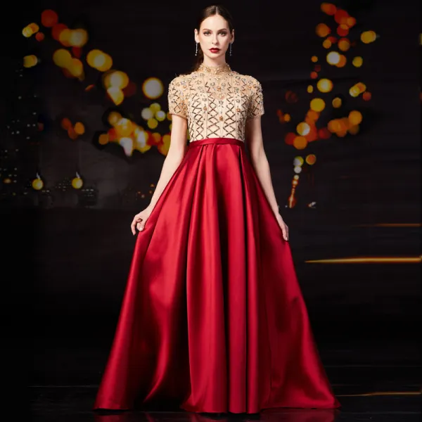 Vintage / Retro Red Satin Prom Dresses 2020 A-Line / Princess See-through High Neck Short Sleeve Beading Rhinestone Sequins Sweep Train Ruffle Formal Dresses