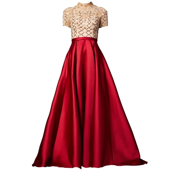 Vintage / Originale Rouge Satin Robe De Bal 2020 Princesse Transparentes Col Haut Manches Courtes Perlage Faux Diamant Paillettes Train De Balayage Volants Robe De Ceremonie