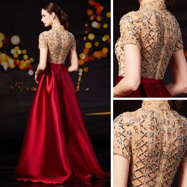 Vintage / Originale Rouge Satin Robe De Bal 2020 Princesse Transparentes Col Haut Manches Courtes Perlage Faux Diamant Paillettes Train De Balayage Volants Robe De Ceremonie