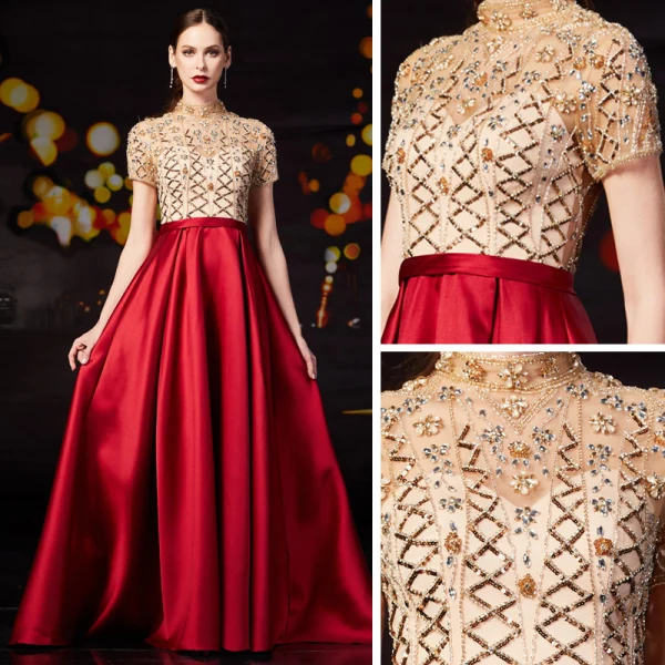 Vintage / Originale Rouge Satin Robe De Bal 2020 Princesse Transparentes Col Haut Manches Courtes Perlage Faux Diamant Paillettes Train De Balayage Volants Robe De Ceremonie