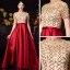 Vintage / Originale Rouge Satin Robe De Bal 2020 Princesse Transparentes Col Haut Manches Courtes Perlage Faux Diamant Paillettes Train De Balayage Volants Robe De Ceremonie