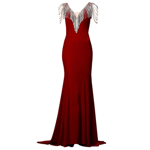 Fashion Burgundy Velour Evening Dresses  2020 Trumpet / Mermaid V-Neck Sleeveless Beading Sequins Tassel Sweep Train Ruffle Backless Formal Dresses