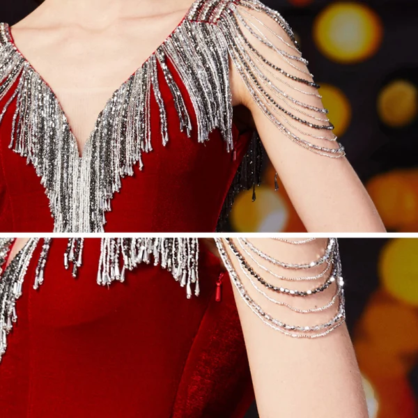 Fashion Burgundy Velour Evening Dresses  2020 Trumpet / Mermaid V-Neck Sleeveless Beading Sequins Tassel Sweep Train Ruffle Backless Formal Dresses