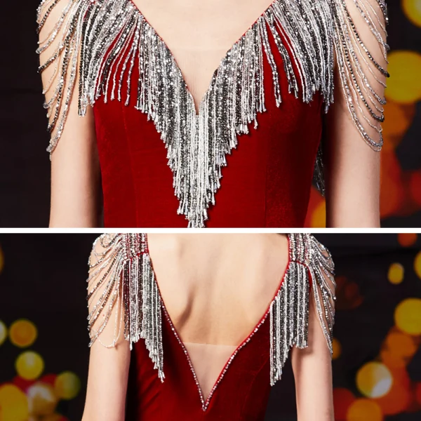 Fashion Burgundy Velour Evening Dresses  2020 Trumpet / Mermaid V-Neck Sleeveless Beading Sequins Tassel Sweep Train Ruffle Backless Formal Dresses