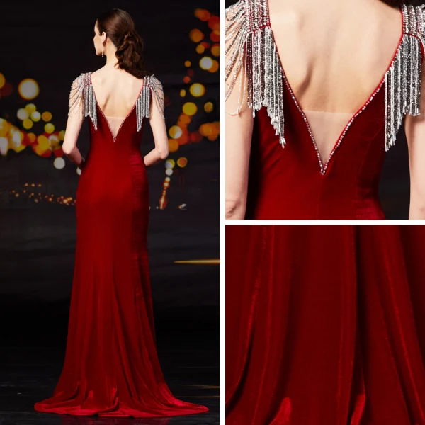 Fashion Burgundy Velour Evening Dresses  2020 Trumpet / Mermaid V-Neck Sleeveless Beading Sequins Tassel Sweep Train Ruffle Backless Formal Dresses