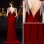 Fashion Burgundy Velour Evening Dresses  2020 Trumpet / Mermaid V-Neck Sleeveless Beading Sequins Tassel Sweep Train Ruffle Backless Formal Dresses