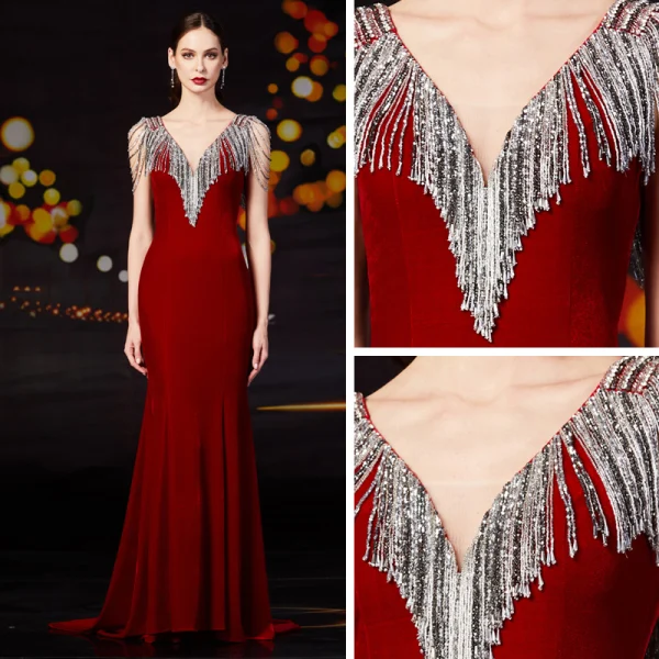 Fashion Burgundy Velour Evening Dresses  2020 Trumpet / Mermaid V-Neck Sleeveless Beading Sequins Tassel Sweep Train Ruffle Backless Formal Dresses