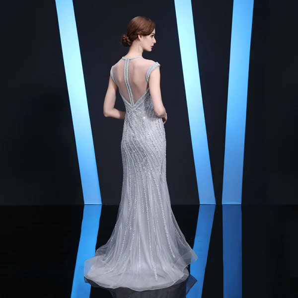 Haut de Gamme Transparentes Robe De Soirée 2020 Trompette / Sirène Encolure Dégagée Sans Manches Perlage Paillettes Faux Diamant Train De Balayage Volants Robe De Ceremonie