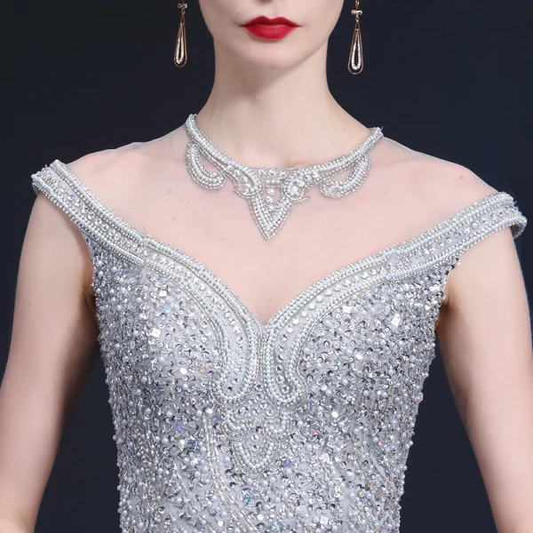 Haut de Gamme Transparentes Robe De Soirée 2020 Trompette / Sirène Encolure Dégagée Sans Manches Perlage Paillettes Faux Diamant Train De Balayage Volants Robe De Ceremonie