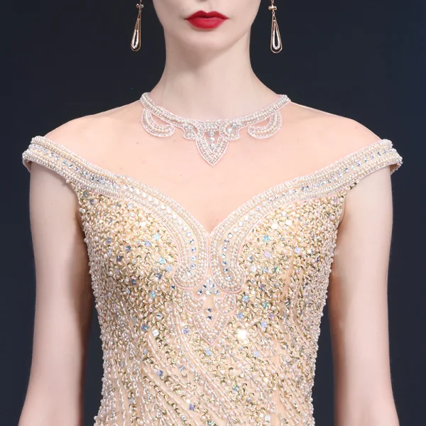 Haut de Gamme Transparentes Robe De Soirée 2020 Trompette / Sirène Encolure Dégagée Sans Manches Perlage Paillettes Faux Diamant Train De Balayage Volants Robe De Ceremonie