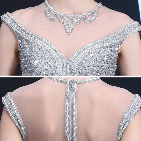 Haut de Gamme Transparentes Robe De Soirée 2020 Trompette / Sirène Encolure Dégagée Sans Manches Perlage Paillettes Faux Diamant Train De Balayage Volants Robe De Ceremonie