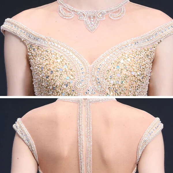 Haut de Gamme Transparentes Robe De Soirée 2020 Trompette / Sirène Encolure Dégagée Sans Manches Perlage Paillettes Faux Diamant Train De Balayage Volants Robe De Ceremonie