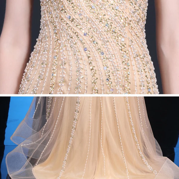 Haut de Gamme Transparentes Robe De Soirée 2020 Trompette / Sirène Encolure Dégagée Sans Manches Perlage Paillettes Faux Diamant Train De Balayage Volants Robe De Ceremonie