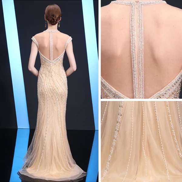 Haut de Gamme Transparentes Robe De Soirée 2020 Trompette / Sirène Encolure Dégagée Sans Manches Perlage Paillettes Faux Diamant Train De Balayage Volants Robe De Ceremonie