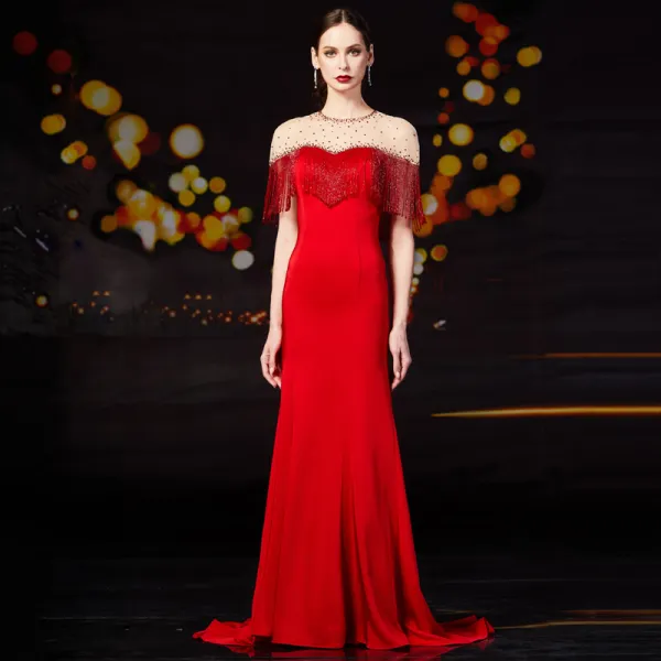 High-end Red See-through Evening Dresses 2020 Trumpet / Mermaid Scoop ...