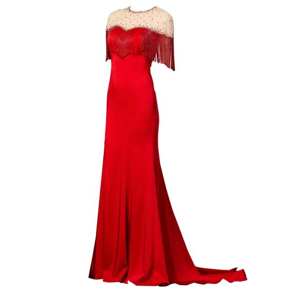 Haut de Gamme Rouge Transparentes Robe De Soirée 2020 Trompette / Sirène Encolure Dégagée Manches Courtes Faux Diamant Perlage Gland Train De Balayage Robe De Ceremonie