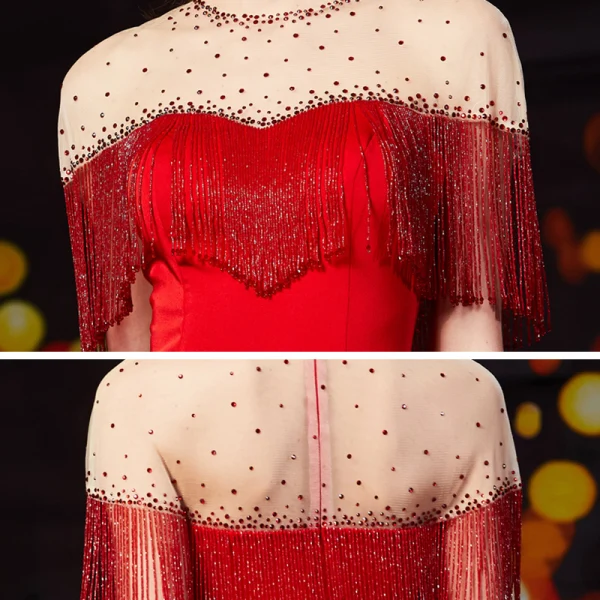 Haut de Gamme Rouge Transparentes Robe De Soirée 2020 Trompette / Sirène Encolure Dégagée Manches Courtes Faux Diamant Perlage Gland Train De Balayage Robe De Ceremonie