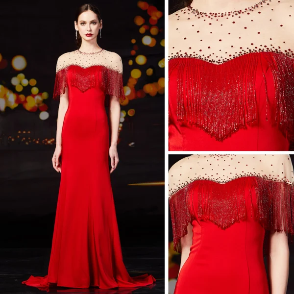 Haut de Gamme Rouge Transparentes Robe De Soirée 2020 Trompette / Sirène Encolure Dégagée Manches Courtes Faux Diamant Perlage Gland Train De Balayage Robe De Ceremonie