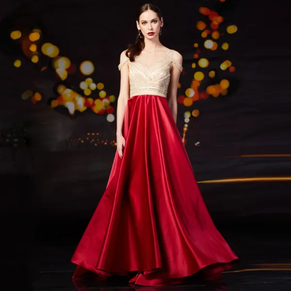 Fashion Red Satin Prom Dresses 2020 A-Line / Princess V-Neck Short Sleeve Beading Rhinestone Sweep Train Ruffle Backless Formal Dresses