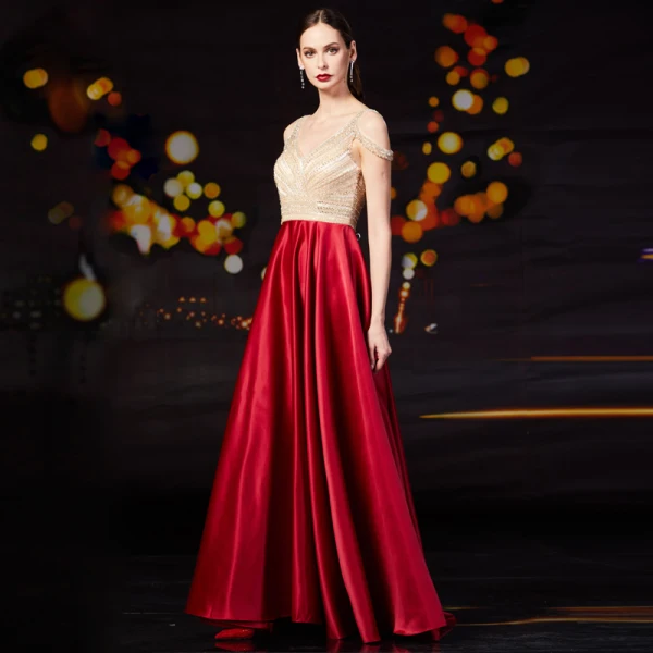 Fashion Red Satin Prom Dresses 2020 A-Line / Princess V-Neck Short Sleeve Beading Rhinestone Sweep Train Ruffle Backless Formal Dresses