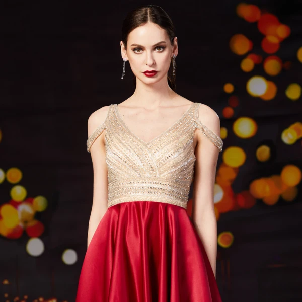 Fashion Red Satin Prom Dresses 2020 A-Line / Princess V-Neck Short Sleeve Beading Rhinestone Sweep Train Ruffle Backless Formal Dresses