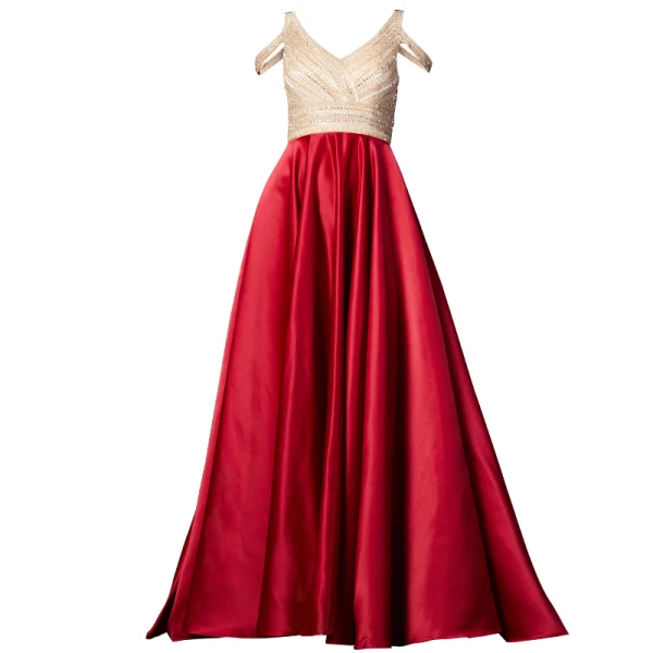 Fashion Red Satin Prom Dresses 2020 A-Line / Princess V-Neck Short Sleeve Beading Rhinestone Sweep Train Ruffle Backless Formal Dresses