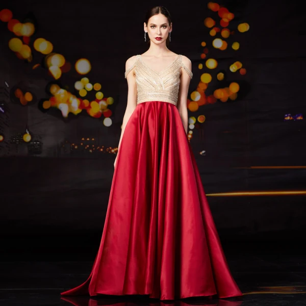 Fashion Red Satin Prom Dresses 2020 A-Line / Princess V-Neck Short Sleeve Beading Rhinestone Sweep Train Ruffle Backless Formal Dresses