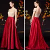 Fashion Red Satin Prom Dresses 2020 A-Line / Princess V-Neck Short Sleeve Beading Rhinestone Sweep Train Ruffle Backless Formal Dresses