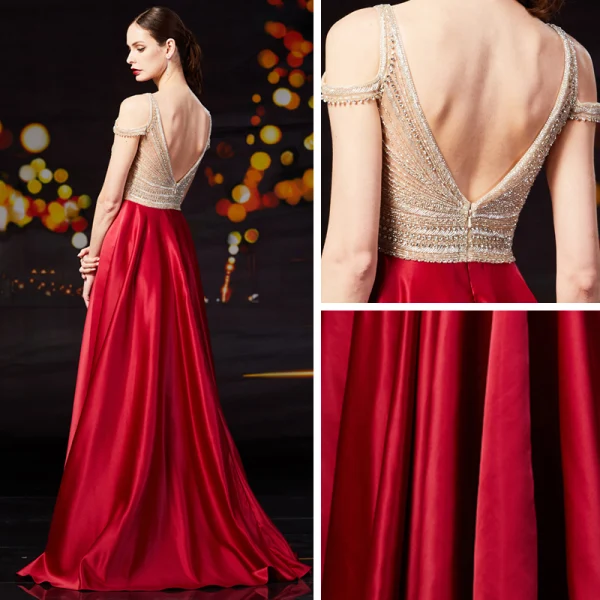 Fashion Red Satin Prom Dresses 2020 A-Line / Princess V-Neck Short Sleeve Beading Rhinestone Sweep Train Ruffle Backless Formal Dresses