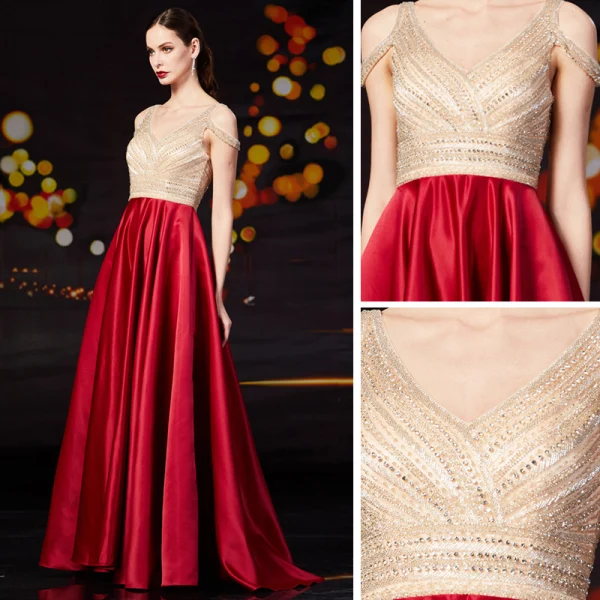 Fashion Red Satin Prom Dresses 2020 A-Line / Princess V-Neck Short Sleeve Beading Rhinestone Sweep Train Ruffle Backless Formal Dresses