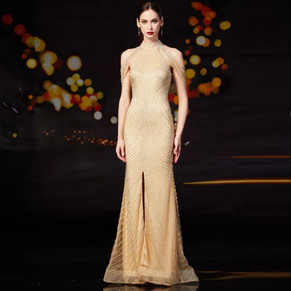 Luxury / Gorgeous Gold Evening Dresses  2020 Trumpet / Mermaid High Neck Sleeveless Handmade  Beading Split Front Sweep Train Ruffle Backless Formal Dresses