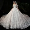 Romantic Champagne Lace Bridal Wedding Dresses 2020 Ball Gown Off-The-Shoulder Short Sleeve Backless Appliques Lace Beading Cathedral Train Ruffle