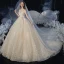 Romantic Champagne Bridal Wedding Dresses 2020 Ball Gown Off-The-Shoulder Short Sleeve Backless Appliques Lace Beading Glitter Tulle Cathedral Train Ruffle