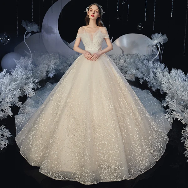 Romantic Champagne Bridal Wedding Dresses 2020 Ball Gown Off-The-Shoulder Short Sleeve Backless Appliques Lace Beading Glitter Tulle Cathedral Train Ruffle