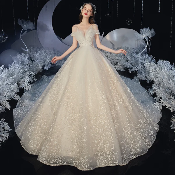 Romantic Champagne Bridal Wedding Dresses 2020 Ball Gown Off-The-Shoulder Short Sleeve Backless Appliques Lace Beading Glitter Tulle Cathedral Train Ruffle
