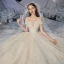 Romantic Champagne Bridal Wedding Dresses 2020 Ball Gown Off-The-Shoulder Short Sleeve Backless Appliques Lace Beading Glitter Tulle Cathedral Train Ruffle