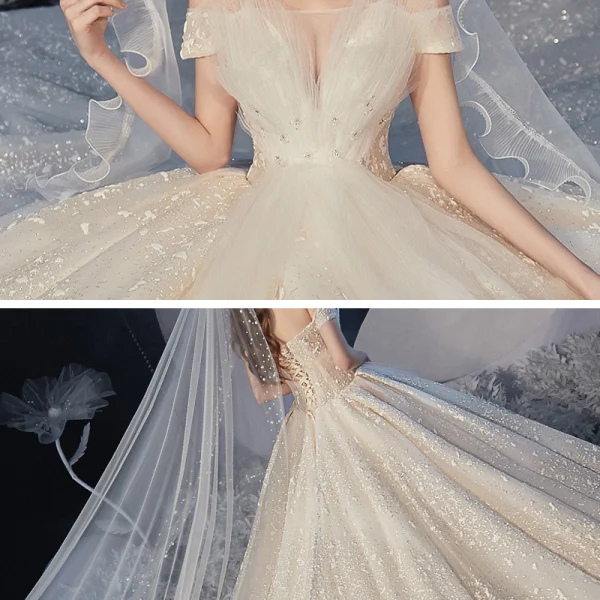 Romantic Champagne Bridal Wedding Dresses 2020 Ball Gown Off-The-Shoulder Short Sleeve Backless Appliques Lace Beading Glitter Tulle Cathedral Train Ruffle