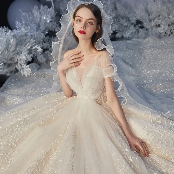 Romantic Champagne Bridal Wedding Dresses 2020 Ball Gown Off-The-Shoulder Short Sleeve Backless Appliques Lace Beading Glitter Tulle Cathedral Train Ruffle